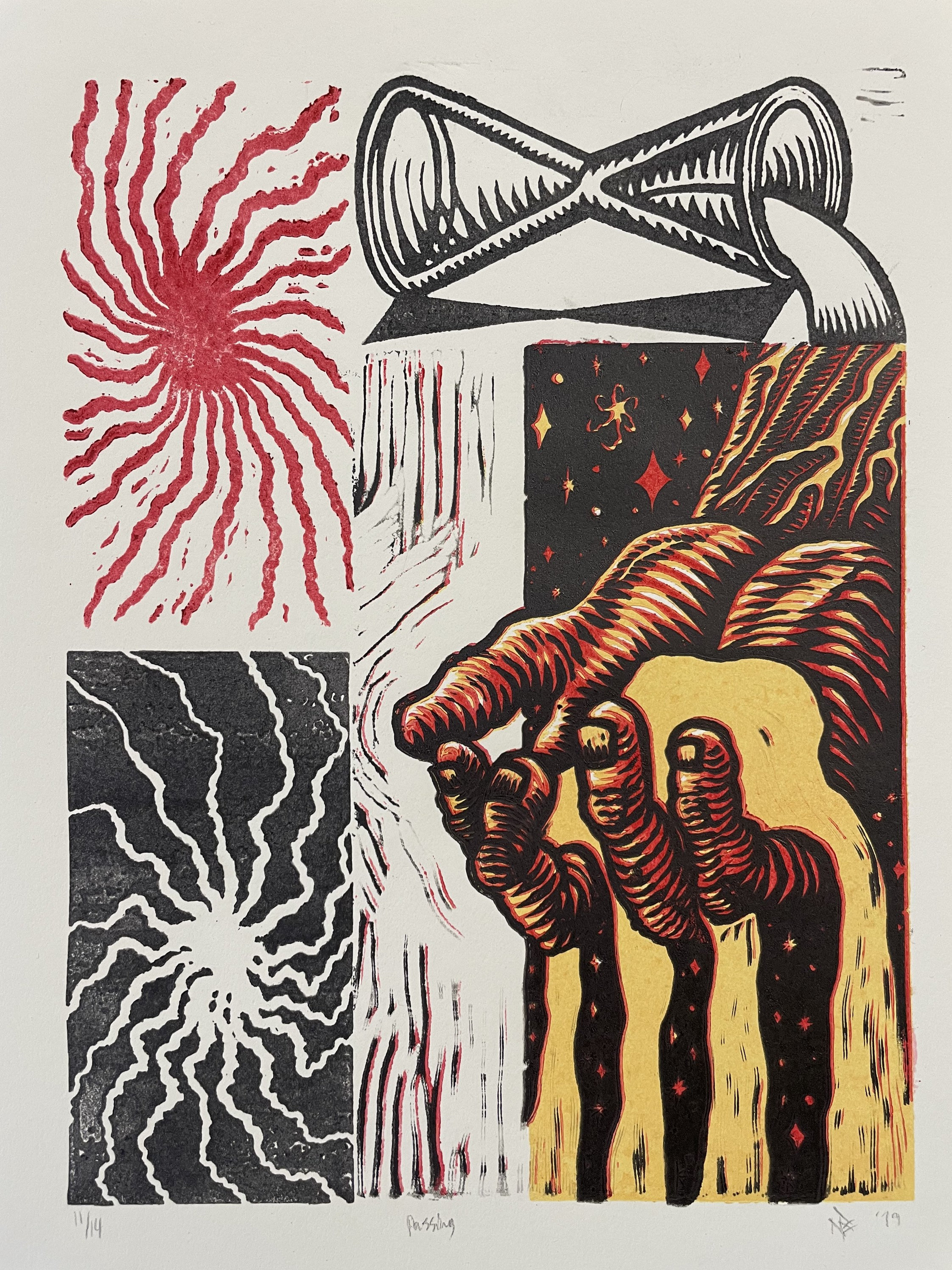 Passing, Original 3-color Linocut, Handmade Print, Original