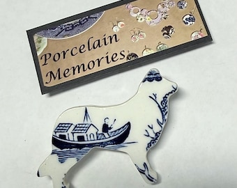 Vintage plate handmade ceramic dog brooch