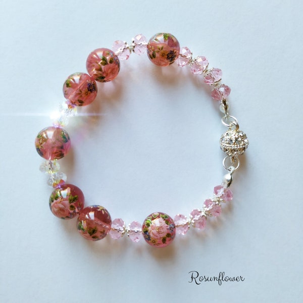 Bracelet with tensha pearls and swarovski crystals, pearls with flowers, bright bracelet, Japanese bracelet, gift for her