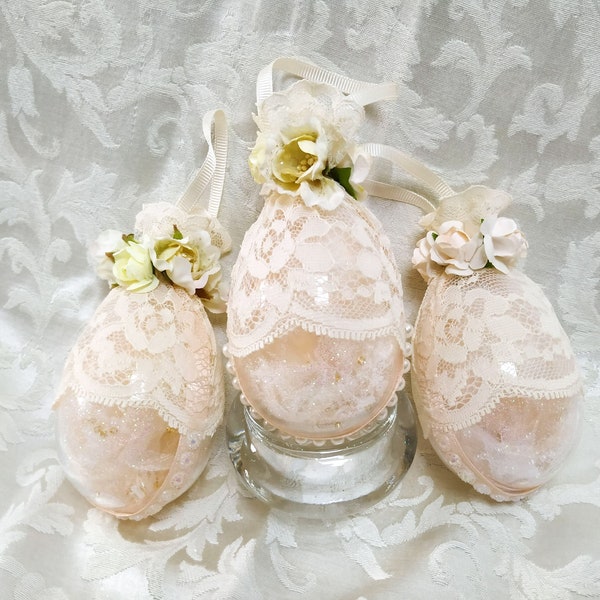 Oval Christmas Baubles Decorated with Lace and Pearls, Christmas Tree Decoration Set