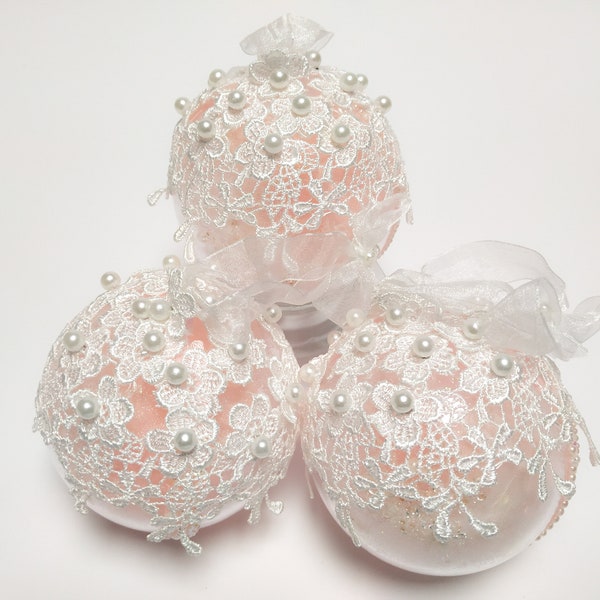 Vintage shabby chic Christmas tree baubles, pink and white lace baubles