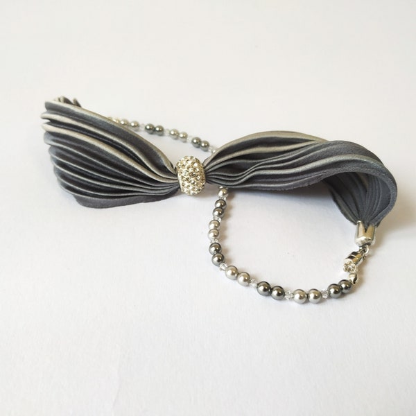 Silver gray silk band bracelet with crystal beads