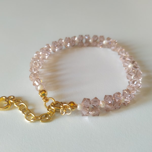 Bracelet with pink crystals, Swarovski bicone and perciosa pearls, birthday anniversary gift