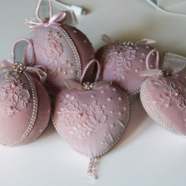 Pink velvet Christmas decorations, blush pink Christmas tree ornaments, 2 baubles and 3 pink velvet hearts