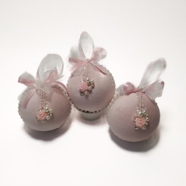 Pink soft velvet Christmas baubles, 3 baubles decorated with pearls, Christmas tree, new house gift