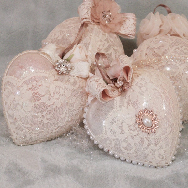 Christmas decorations for shabby Christmas tree, heart balls, sphere, pink with white lace, handmade, original gift