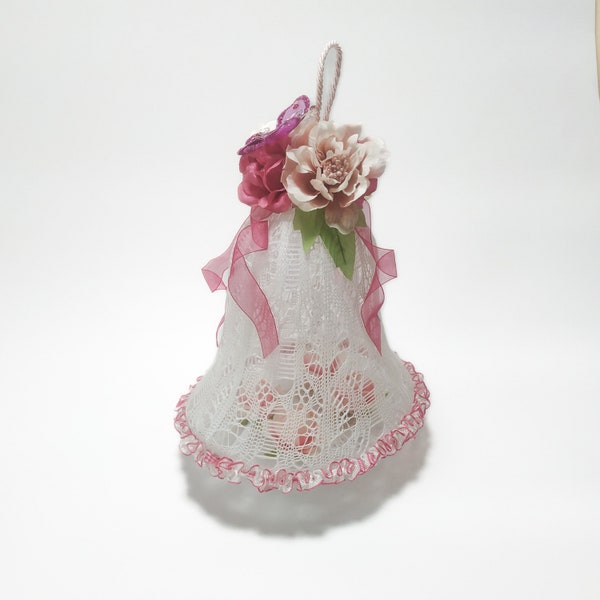 Decorative bell ornament, white lace, floral decoration, gift idea