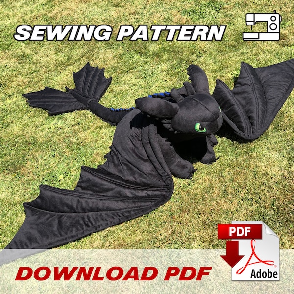 Giant Toothless plush - PDF sewing pattern and instuctions - Digital download!