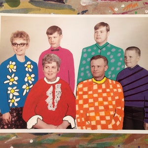 Hand drawn altered family photo- ugly sweaters- kitsch art- humorous -vintage home decor