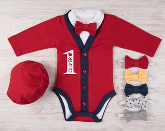 Valentine's Day 1st Birthday Boy Outfit, Personalized Red/Navy Cardigan, Bodysuit, Hat & Bow Tie, Valentine Birthday Boy Outfit