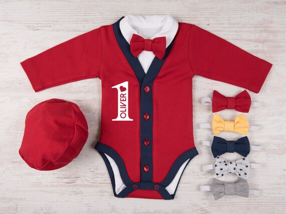 Valentine's Day 1st Birthday Boy Outfit, Personalized Red/navy