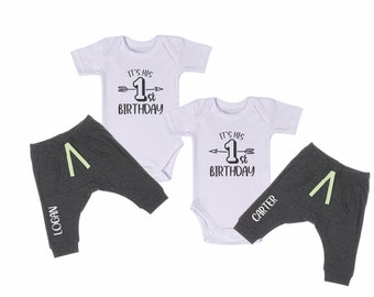 First Birthday Twin Outfits, It's His 1st Birthday Set of 2 Bodysuits and Personalized Pants