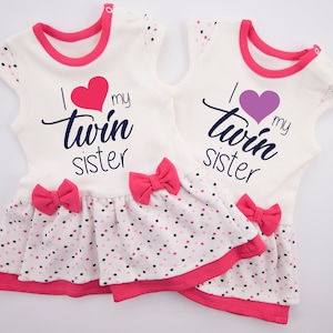 Twin Girls Baby Gift, I Love My Twin Sister Set of 2 Pink Twin Bodysuit Dresses