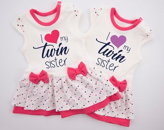 Twin Girls Baby Gift, I Love My Twin Sister Set of 2 Pink Twin Bodysuit Dresses