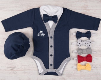 Infant Boy Clothes, Personalized New Baby Gift, Short Sleeve or Long Sleeve Navy Cardigan, Bodysuit, Hat & Bow Tie Set