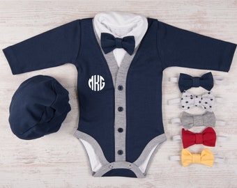 Bow Tie Cardigan Set, Monogram Navy Cardigan, Bodysuit, Hat & Bow Tie Set, Baby Boy Outfit, Baby Boy Holiday Gift, Baby Clothes