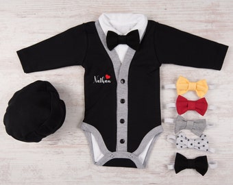 Unique Baby Gift, Personalized Red Heart Black Cardigan, Bodysuit, Hat & Bow Tie Set, Baby Boy Gift, Trendy Baby Boy Clothes, Baby Boy Suit