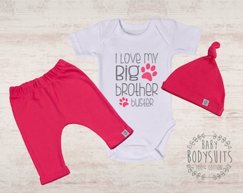 Dog Baby Outfit, I Love My Big Brother Personalized Bodysuit, Add on Hat and/or Pants Option