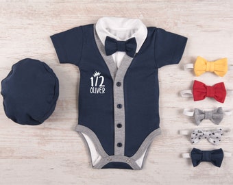 Personalized 6 Month Photo Outfit, Half Birthday Short Sleeve or Long Sleeve Navy Cardigan, Bodysuit, Hat & Bow Tie Set