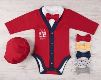 Winter Boys 1st Birthday Outfit, Mr Onederful Personalized Red/Navy Cardigan, Bodysuit, Hat & Bow Tie Set, Christmas First Birthday Boy