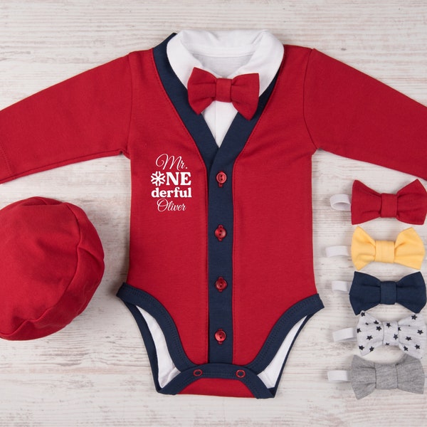 Winter Boys 1st Birthday Outfit, Mr Onederful Personalized Red/Navy Cardigan, Bodysuit, Hat & Bow Tie Set, Christmas First Birthday Boy