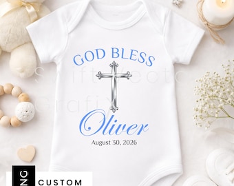 Personalized Baptism Design | God Bless Custom Name & Date Cross Christening PNG