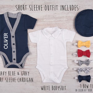 Baby Boy Coming Home Outfit, Personalized Navy Cardigan, Bodysuit, Hat & Bow Tie Set, Baby Boy Clothes, Baby Boy Gift image 2