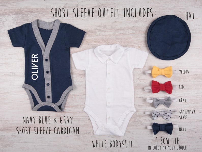 Baby Boy Coming Home Outfit, Personalized Navy Cardigan, Bodysuit, Hat & Bow Tie Set, Baby Boy Clothes, Baby Boy Gift image 2