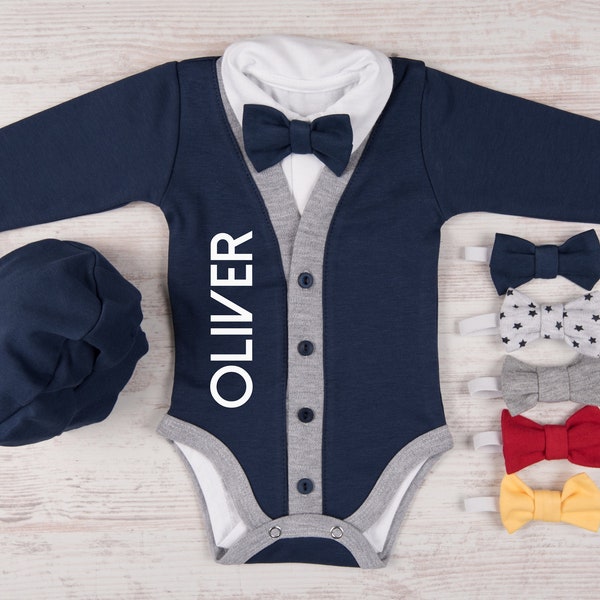 Take Home Outfit Boy, Personalized Baby Boy Outfit, Navy Cardigan, Bodysuit, Hat & Bow Tie Set, Newborn Boy Coming Home Outfit, Photo Prop