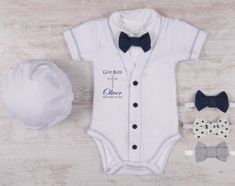 Baptism Boy Outfit, GOD BLESS Personalized Cardigan (Short Sleeve or Long Sleeve), Bodysuit, Hat & Bow Tie White/Navy Set, Baptism Gift