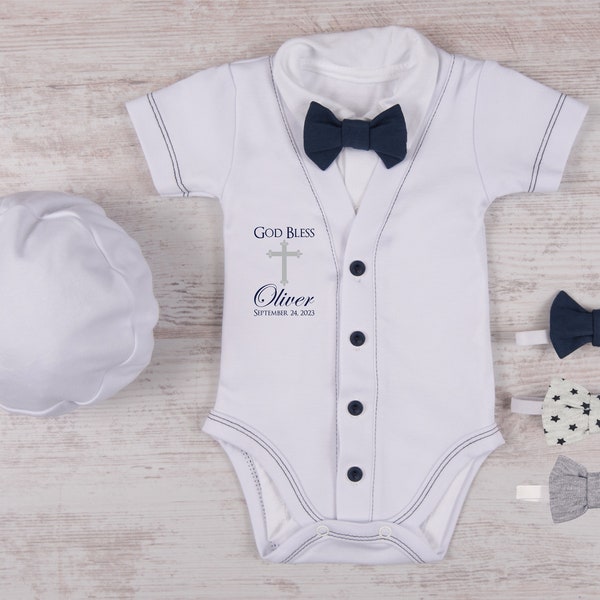 Baptism Boy Outfit, GOD BLESS Personalized Cardigan (Short Sleeve or Long Sleeve), Bodysuit, Hat & Bow Tie White/Navy Set, Baptism Gift