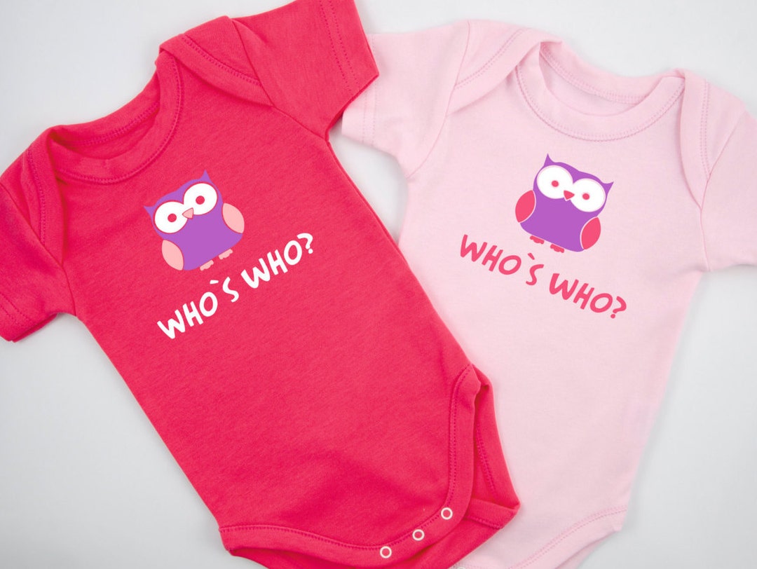 Twin Baby Girl Gifts, WHO IS WHO Funny Twin Outfits, Set of 2 Bodysuits