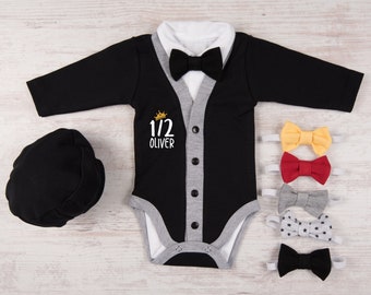 Half Birthday Boy Personalized Black Cardigan, Bow Tie and Hat Set