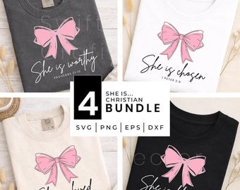Christian Bow SVG Bundle | She Is Worthy Chosen Loved Blessed Coquette Bible Verse PNG