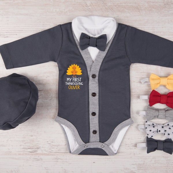 1st Thanksgiving Boy Personalized Clothes, My First Thanksgiving Custom Name Graphite Gray Baby Boy Cardigan, Bodysuit, Hat & Bow Tie Set