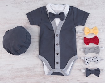 Graphite Gray Baby Boy Outfit: Cotton Cardigan, Bodysuit, Hat & Bow Tie