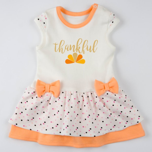 FIRST THANKSGIVING Outfit Girl, THANKFUL Orange/Cream/Polka Dots Bodysuit Dress, 1st Thanksgiving Girl Outfit, Baby Girl Thanksgiving Dress