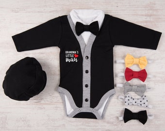 Grandma's Lilltle Man Black Cardigan, Bodysuit, Hat & Bow Tie Set