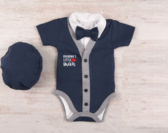 Grandma Boy Outfit, Grandson Baby Gift, Grandma's Little Man Baby Boy Cardigan, Bodysuit, Hat & Bow Tie Set