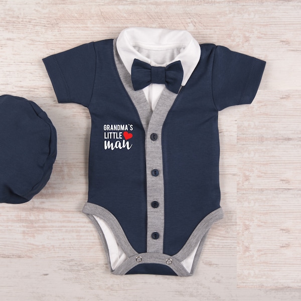 Grandma Boy Outfit, Grandson Baby Gift, Grandma's Little Man Baby Boy Cardigan, Bodysuit, Hat & Bow Tie Set