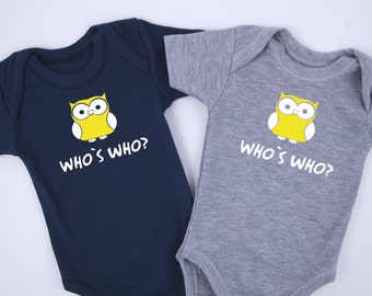 Identical Twin Boy Outfits, WHO IS WHO? Funny Twin Outfits, Set of 2 Bodysuits - Navy & Gray, Identical Twins, Twin Boy Gifts, Baby Shower
