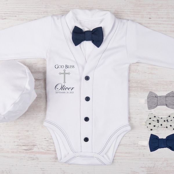 Personalized Baptism Boy Outfit, Bow Tie Cardigan Baby Set