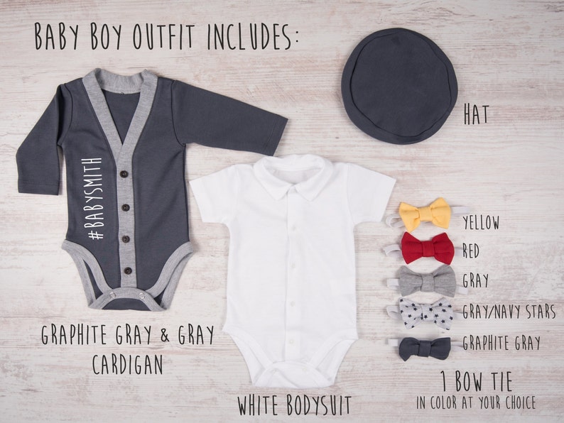 Baby Shower Baby Boy Outfit Hat /& Bow Tie Set Baby Boy Clothes Bodysuit #LAST NAME Personalized Baby Boy Graphite Gray Cardigan Gifts