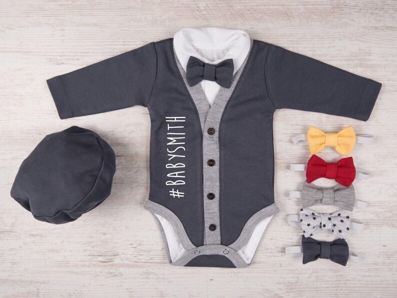 Baby Shower Baby Boy Outfit Hat /& Bow Tie Set Baby Boy Clothes Bodysuit #LAST NAME Personalized Baby Boy Graphite Gray Cardigan Gifts