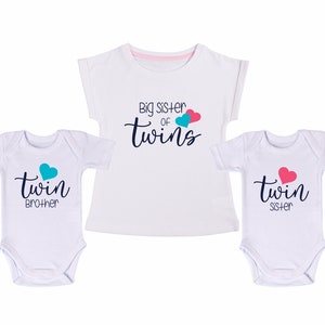 Big Sister of Twin Boy and Girl Set of 3 Mathing Outfits