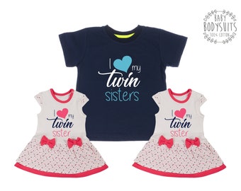 Big Brother of Twin Girls Gift, Set of 3 Matching Outfits - I Love My Twin Sisters T-Shirt & I Love My Twin Sister 2 Baby Bodysuit Dresses