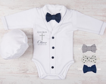 Baby Boy Christening Outfit, Baptism Baby Boy Outfit, GOD BLESS Personalized Cardigan, Bodysuit, Hat & Bow Tie White/Navy Set, Baptism Gift