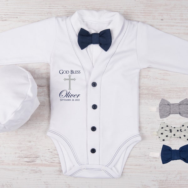 Baby Boy Christening Outfit, Baptism Baby Boy Outfit, GOD BLESS Personalized Cardigan, Bodysuit, Hat & Bow Tie White/Navy Set, Baptism Gift