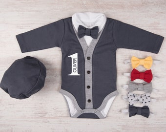 One Year Old Boy Birthday Outfit, Personalized Baby Boy Cardigan, Bodysuit, Hat & Bow Tie Set, Boy First Birthday Gift, 1st Birthday Boy