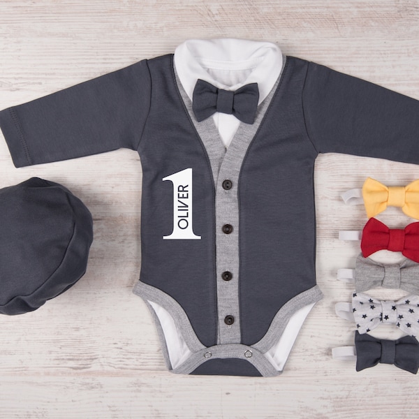 One Year Old Boy Birthday Outfit, Personalized Baby Boy Cardigan, Bodysuit, Hat & Bow Tie Set, Boy First Birthday Gift, 1st Birthday Boy